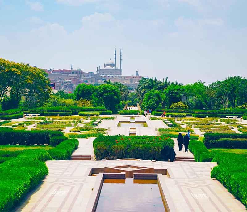 Al-Azhar Park, a beautifully landscaped park in Cairo offering stunning views of the city and the historic Al-Azhar Mosque.