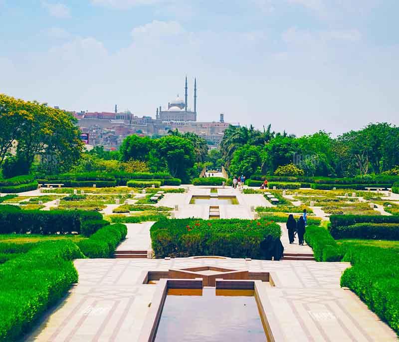 Al-Azhar Park, a beautifully landscaped park in Cairo offering stunning views of the city and the historic Al-Azhar Mosque.