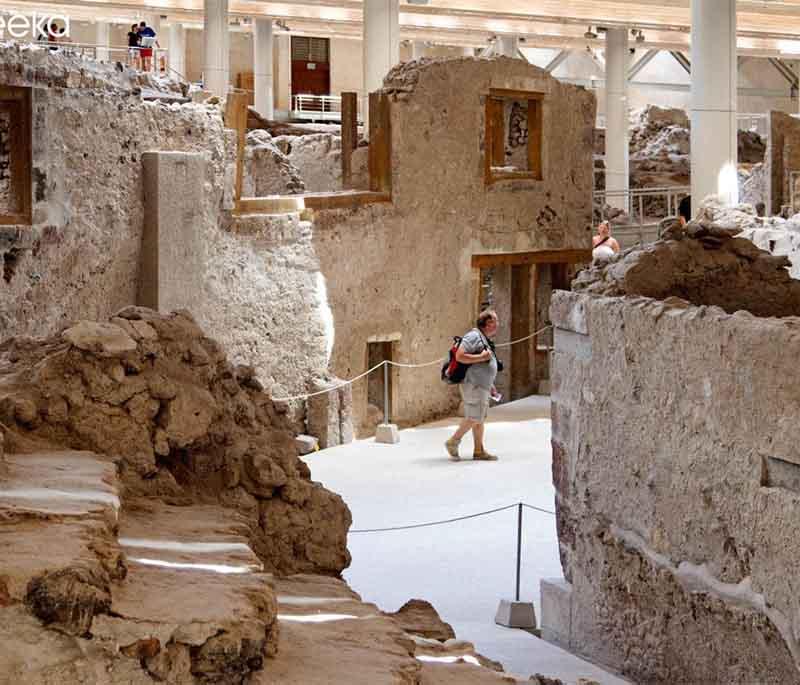 Ancient Akrotiri, a well-preserved Minoan settlement on Santorini, buried by a major volcanic eruption.