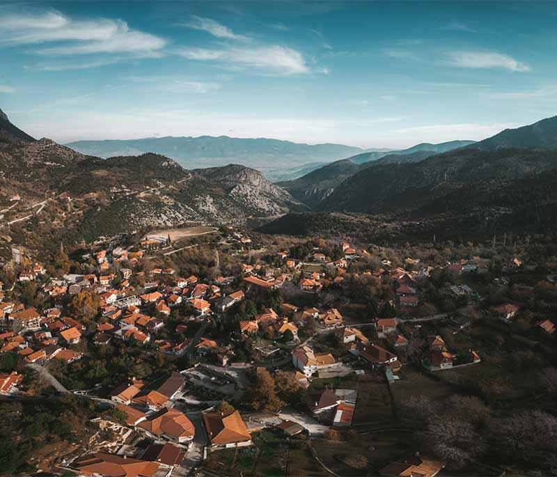 Arachova, a picturesque mountain town near Delphi, known for its traditional architecture, ski resort, and vibrant nightlife.