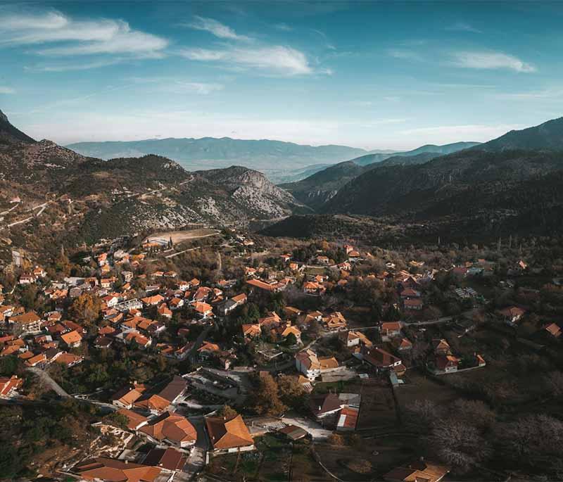 Arachova, a picturesque mountain town near Delphi, known for its traditional architecture, ski resort, and vibrant nightlife.