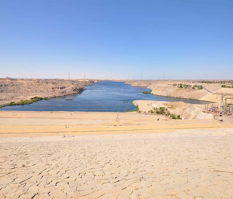 Aswan High Dam, a monumental dam across the Nile, crucial for controlling floods, providing irrigation, and generating power.