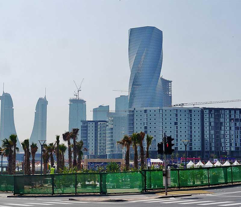 Bahrain Bay, illustrating a waterfront development with modern architecture, luxury residences, and commercial spaces.