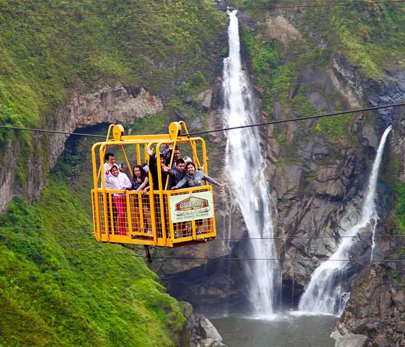 Baños de Agua Santa, a town renowned for its hot springs, waterfalls, and adventure sports such as rafting and zip-lining.