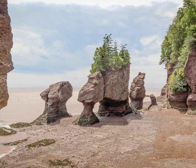 Bay of Fundy between New Brunswick and Nova Scotia is noted for having the highest tidal range in the world.