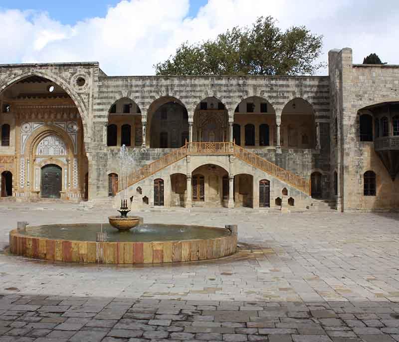 Beiteddine Palace, a 19th-century palace in the Chouf Mountains, known for its beautiful architecture and lush gardens.