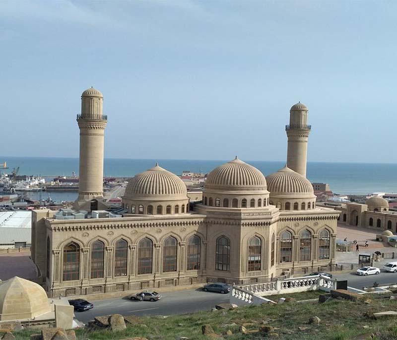Bibi-Heybat Mosque, Baku, illustrating the reconstructed historic mosque overlooking the Caspian Sea, a site of pilgrimage.
