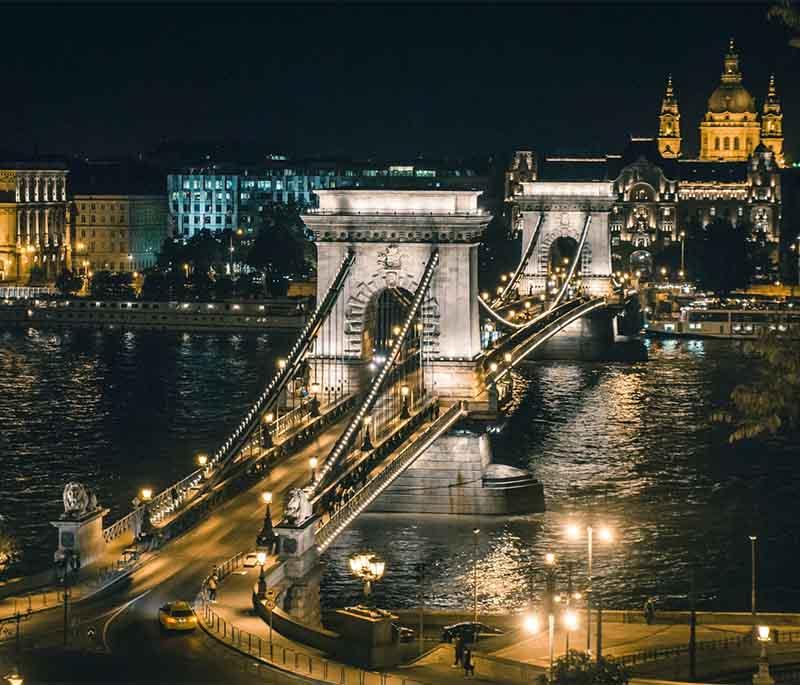 Budapest - Chain Bridge, the first permanent bridge connecting Buda and Pest, with stunning views of the city.