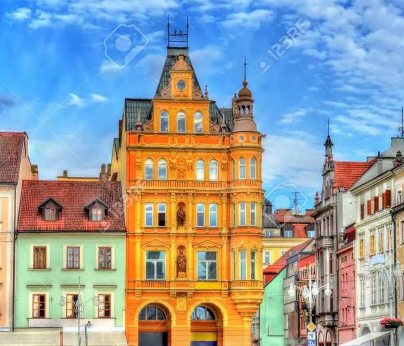 Ceske Budejovice Old Town, showcasing a charming square, historic buildings, and the iconic Black Tower.