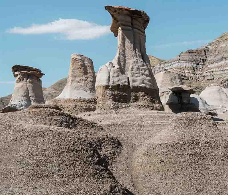 Drumheller in Alberta, known for its rich dinosaur fossil deposits and the world-class Royal Tyrrell Museum of Paleontology.