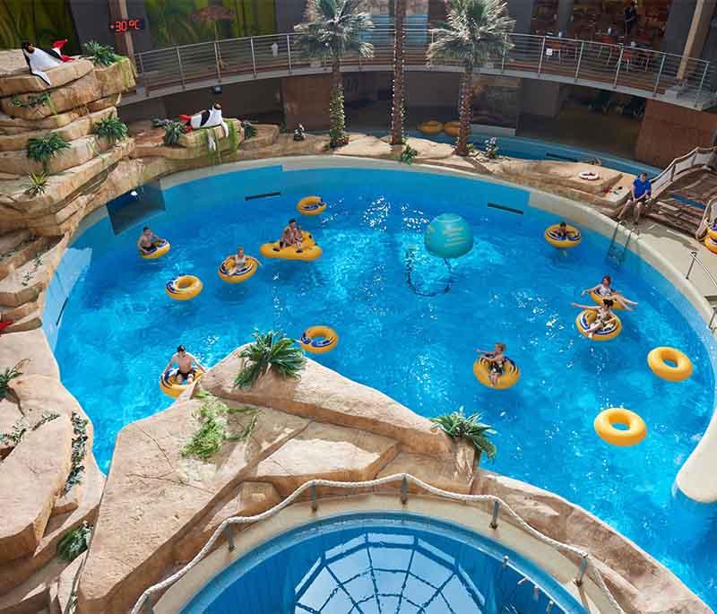 Druskininkai Aquapark, a large indoor water park in Druskininkai, offering various pools, slides, and wellness facilities.