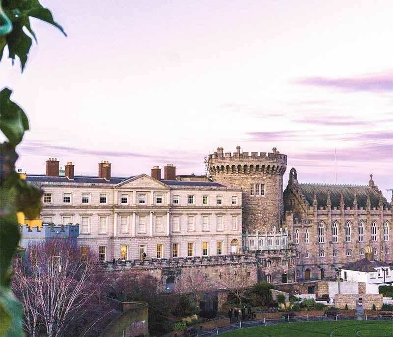 Dublin Castle, a historic castle complex in the heart of Dublin, featuring medieval towers, state apartments, and gardens.