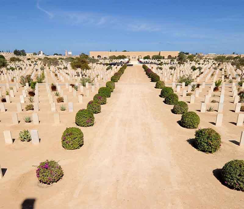 El Alamein War Cemetery, a solemn memorial site for the soldiers who fought in the Battle of El Alamein during World War II.