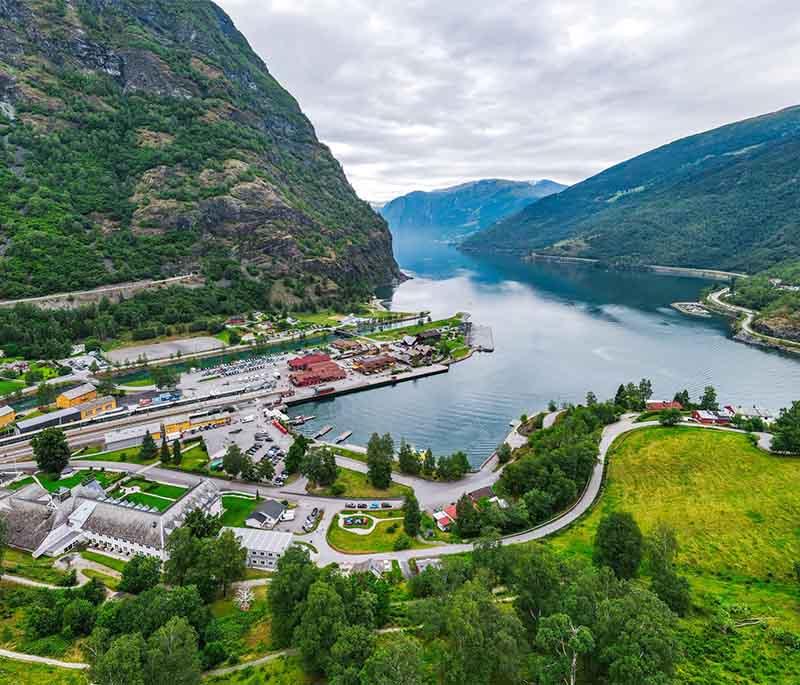 Flam - A small village known for the scenic Flåm Railway, its proximity to the Aurlandsfjord, and breathtaking scenery.