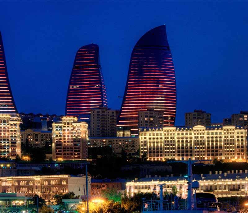 Flame Towers, Baku, showcasing the trio of flame-shaped skyscrapers that dominate the city's skyline.