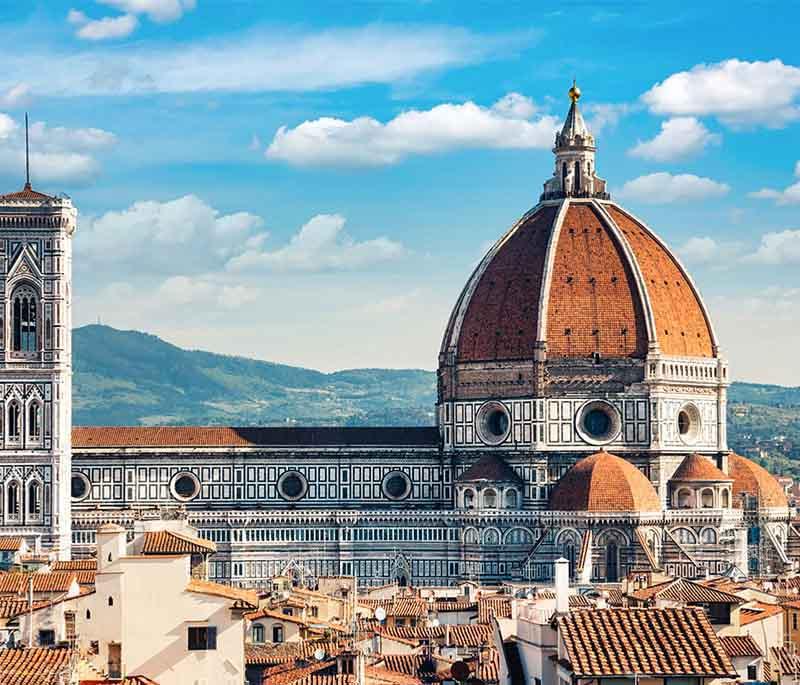 Florence Cathedral (Duomo), Florence, a Gothic cathedral known for its dome by Brunelleschi and beautiful façade.