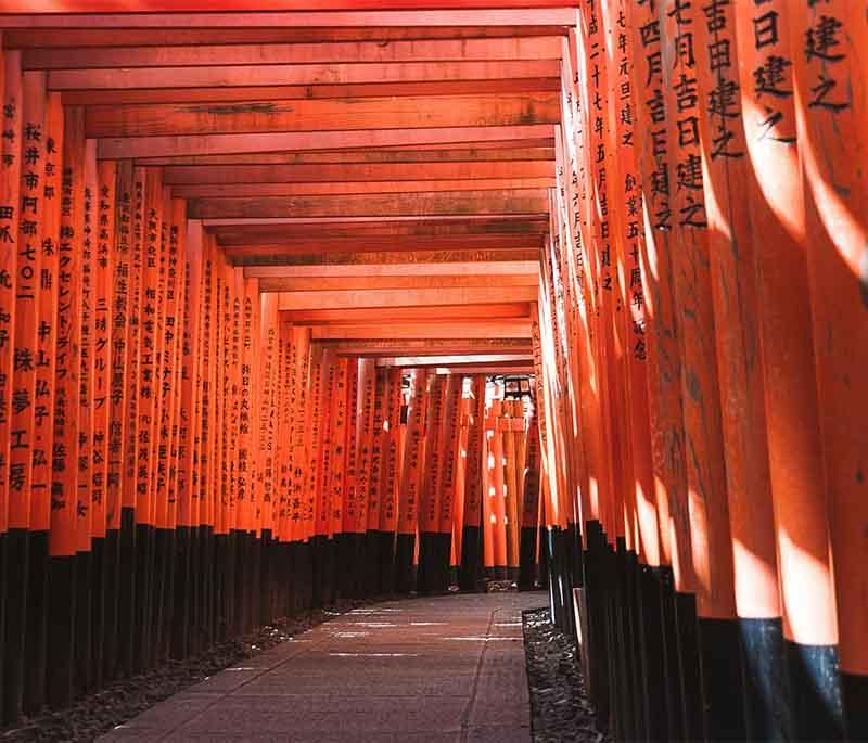 Fushimi Inari Shrine, Kyoto, a famous Shinto shrine known for its thousands of vermilion torii gates leading up Mount Inari.