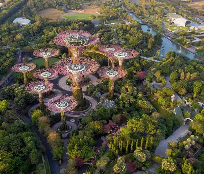 Gardens by the Bay - A futuristic park with Supertree Grove, Cloud Forest, and Flower Dome, showcasing diverse flora.