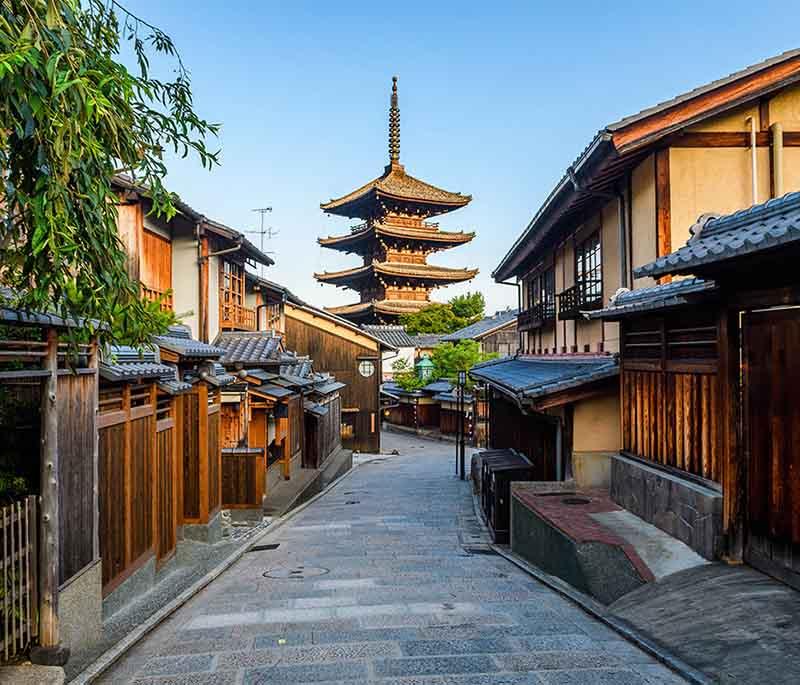 Gion District, Kyoto, a historic district known for its traditional wooden machiya houses, teahouses, and geisha culture.