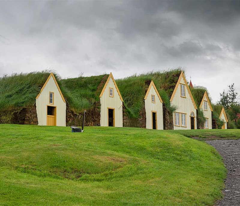 Glaumbaer Museum, a historic turf farm in northern Iceland, showcasing traditional Icelandic architecture and heritage.