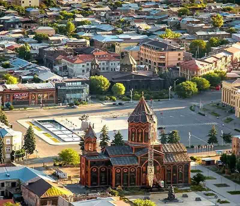 Gyumri, capturing the cultural and architectural heritage with its historic churches and vibrant marketplaces.