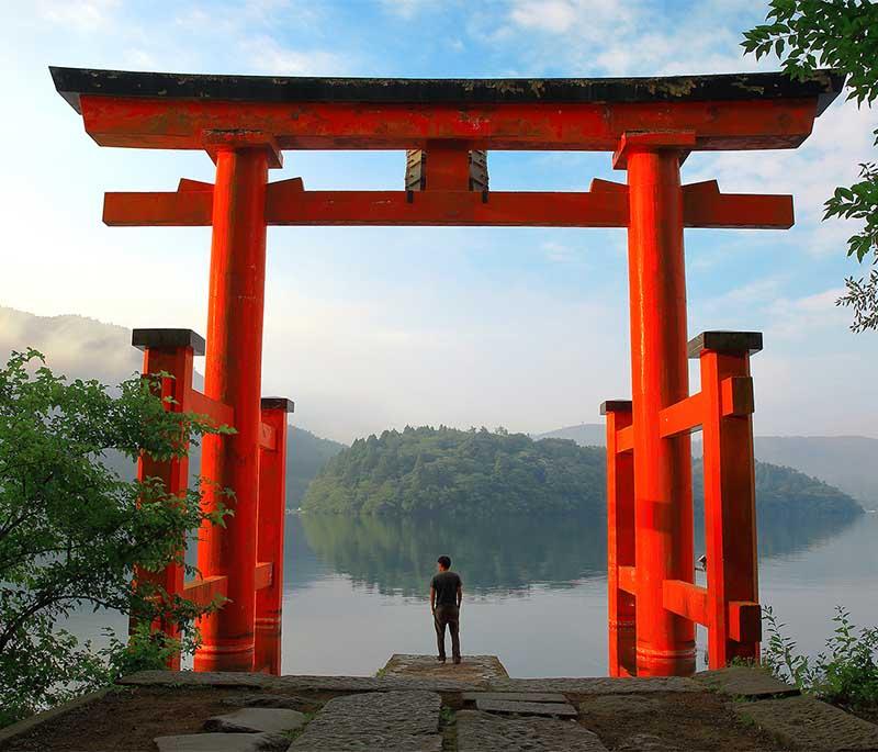 Hakone, a scenic town known for its hot springs, views of Mount Fuji, and the Hakone Open-Air Museum.