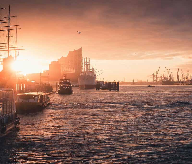 Hamburg Harbor, Hamburg, one of Europe's largest ports, offering harbor tours, historic ships, and a bustling waterfront.