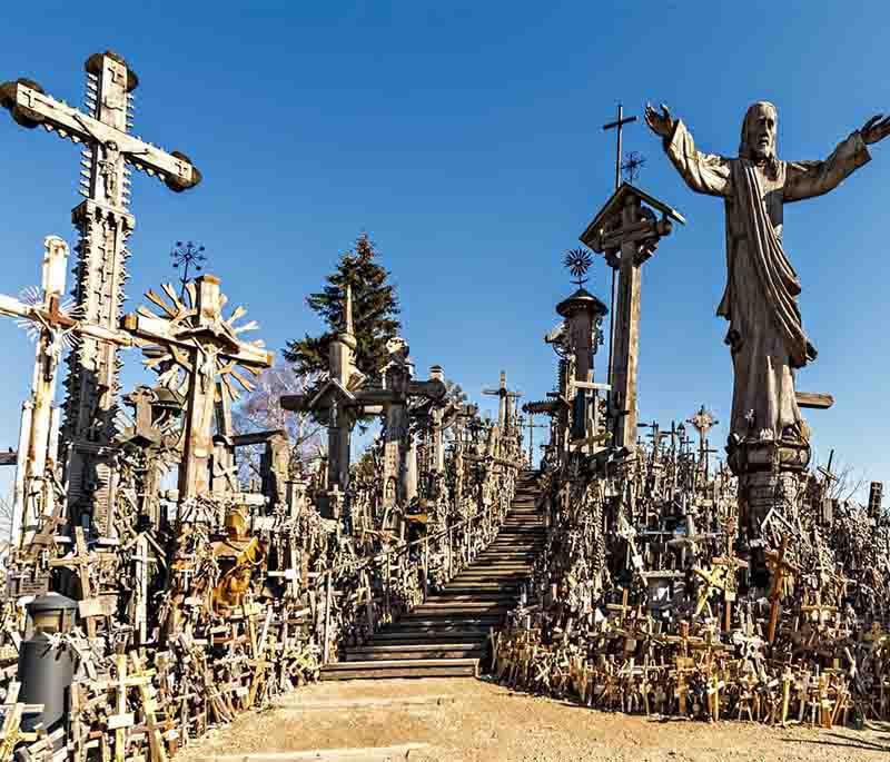 Hill of Crosses, a unique pilgrimage site near Šiauliai, featuring thousands of crosses placed by visitors over many years.