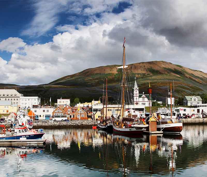 Húsavík, known as the whale watching capital of Iceland, offering opportunities to spot various whale species.