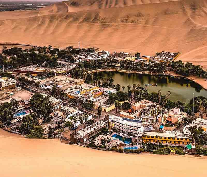 Huacachina - A desert oasis surrounded by towering sand dunes, popular for dune buggy rides and sandboarding adventures.