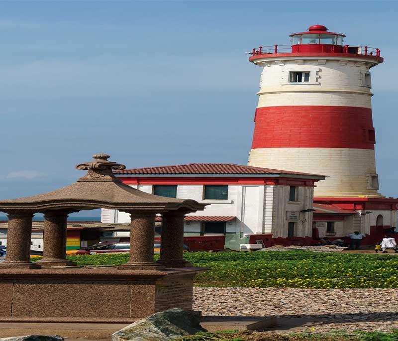 Jamestown Lighthouse, an iconic lighthouse in Accra's historic district, offering panoramic views of the city and Gulf.