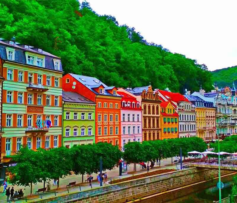 Karlovy Vary, a renowned spa town famous for hot springs, elegant architecture, and an annual international film festival.