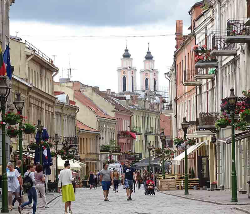 Kaunas Old Town, a historic area known for its medieval buildings, cobblestone streets, and vibrant cultural life.