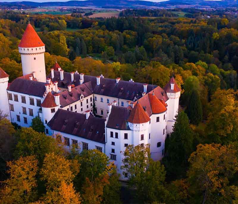 Konopiste Castle, a grand chateau with lavish interiors and historical exhibits, once home to Archduke Franz Ferdinand.