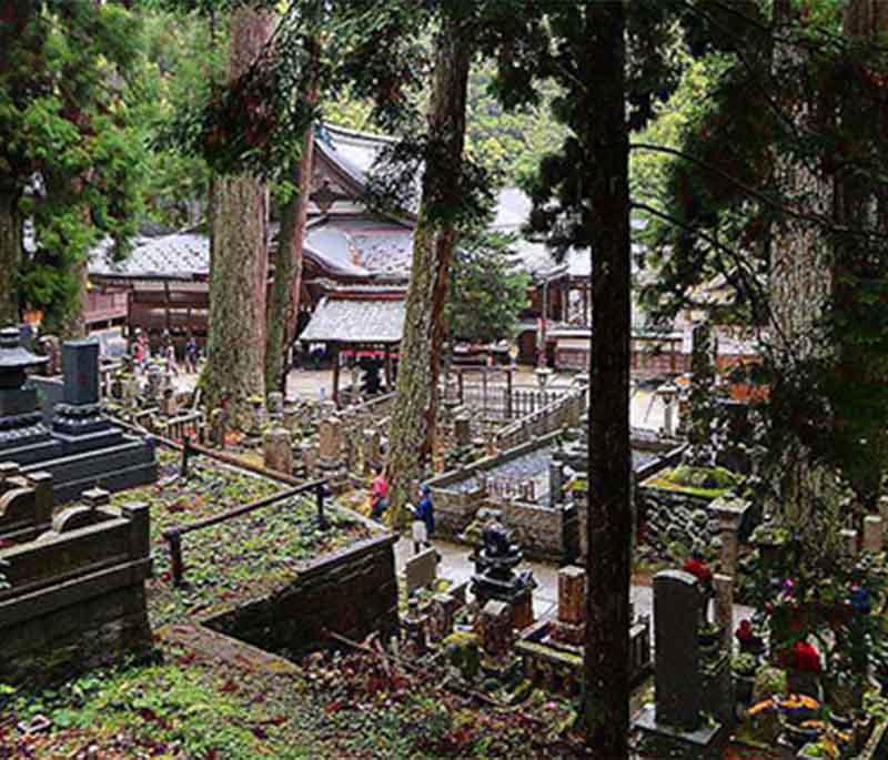 Koya-san (Mount Koya), a sacred mountain and the center of Shingon Buddhism, known for its temples and Okunoin cemetery.