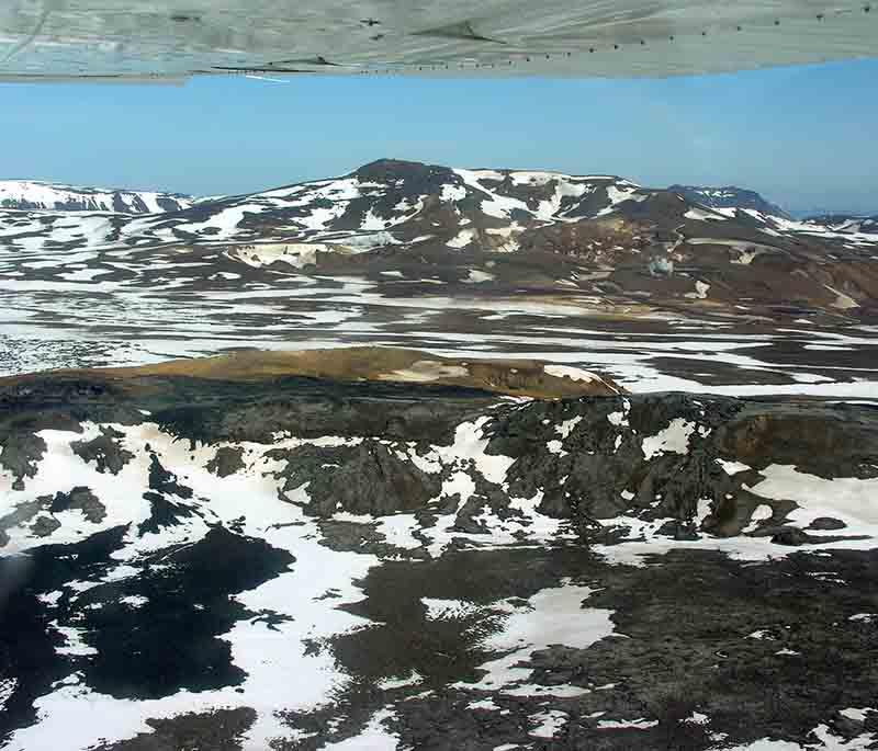 Krafla Volcano, an active volcano near Lake Myvatn, known for its geothermal activity and dramatic landscapes.