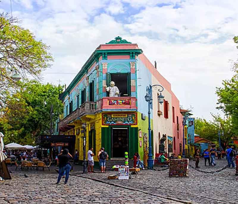 La Boca neighborhood in Buenos Aires, featuring colorful buildings and vibrant street scenes typical of the area, lively.