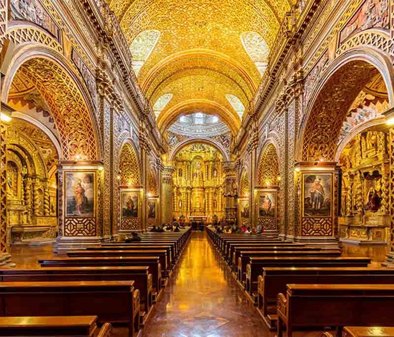 La Compañía Church in Quito, a stunning baroque church known for its elaborate gold leaf interior and intricate carvings.