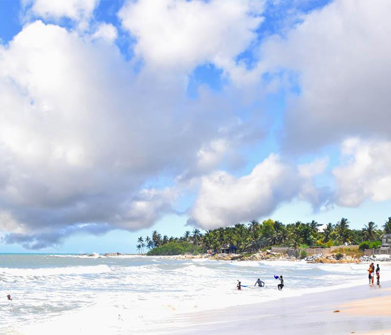 Labadi Beach, a popular beach in Accra known for its lively atmosphere, beach bars, and entertainment.