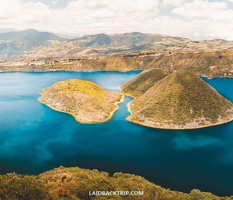 Laguna Cuicocha, a stunning crater lake near Otavalo, known for beautiful turquoise waters and hiking opportunities.