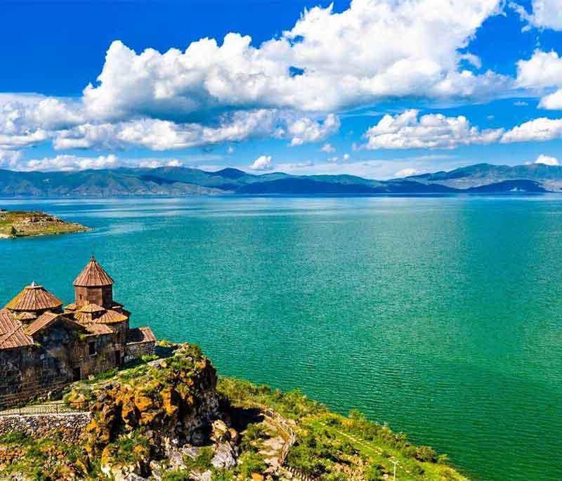 Lake Sevan, highlighting the vast blue waters and scenic views of one of the largest freshwater high-altitude lakes.