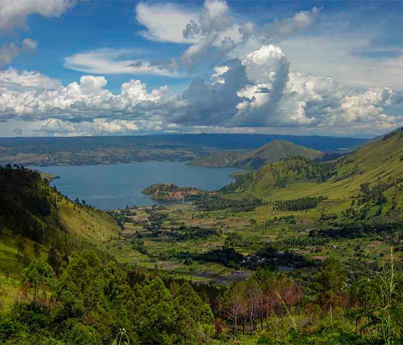 Lake Toba, North Sumatra, the largest volcanic lake in the world, with Samosir Island located in its center.