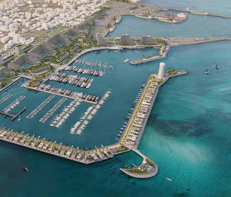 Larnaca Marina, a bustling marina offering mooring for yachts, waterfront dining, and access to Larnaca's attractions.