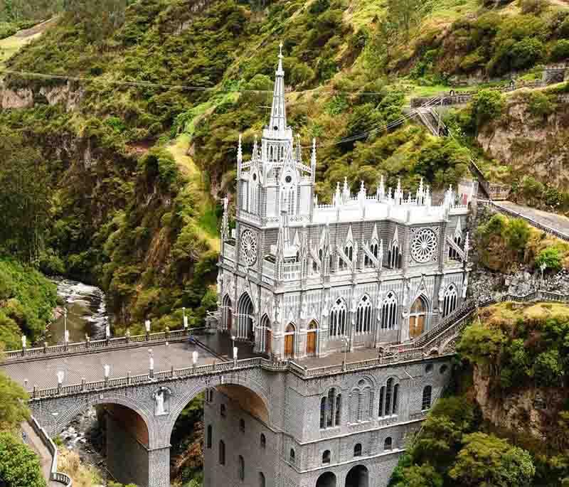 Las Lajas Sanctuary, a breathtaking church built into a canyon wall, famous for its stunning architecture and significance.