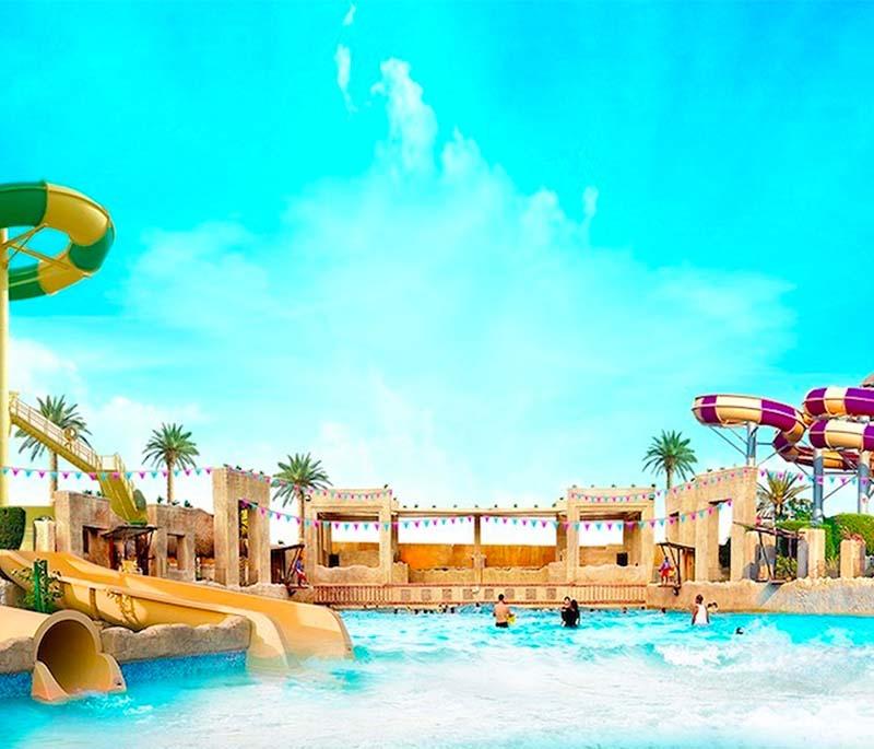 Lost Paradise of Dilmun Water Park, showcasing a vast water park with slides and attractions themed around ancient Dilmun.