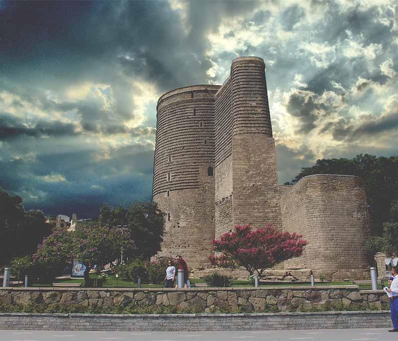 Maiden Tower, Baku, depicting the iconic historical tower with panoramic views of the Caspian Sea and rich history.