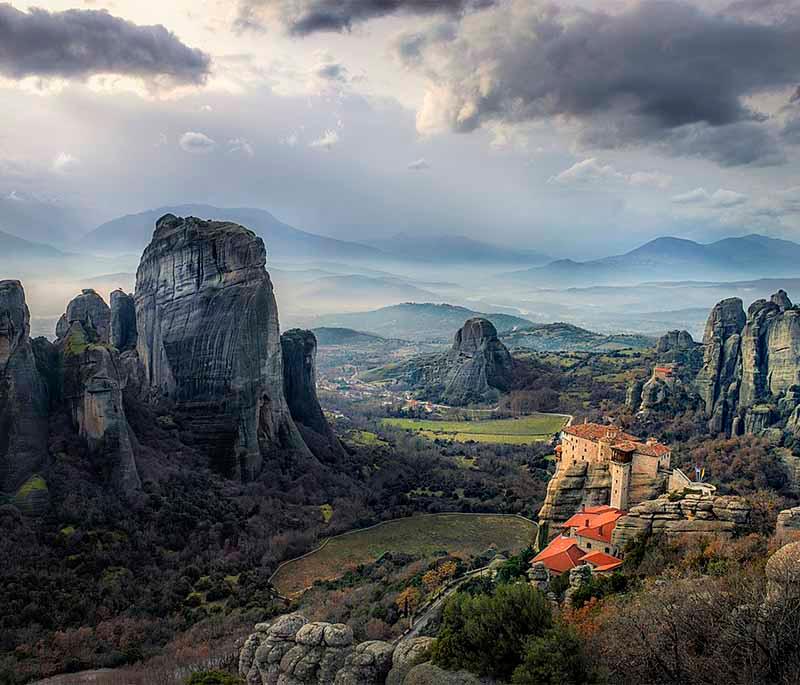 Meteora Monasteries, a complex of perched on towering rock formations, known for their location and historical importance.