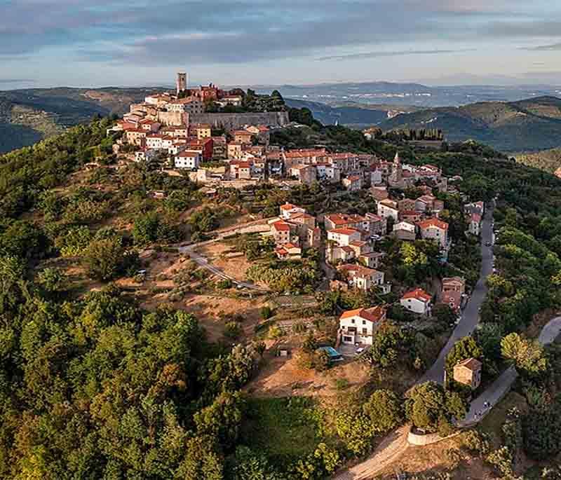 Motovun, a picturesque hilltop town in Istria, famous for its medieval architecture and truffle festivals.