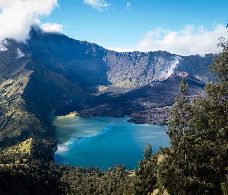 Mount Rinjani, Lombok, the second-highest volcano in Indonesia, offering challenging treks and stunning views.