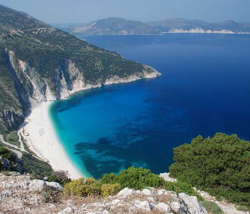 Myrtos Beach, a stunning beach on the island of Kefalonia, known for its turquoise waters and dramatic cliffs.